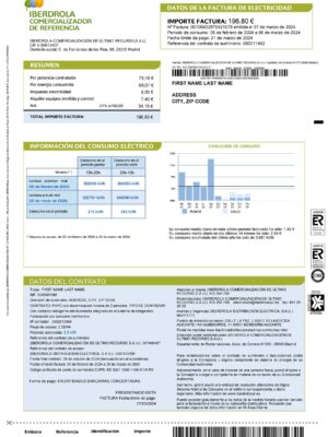 Spain Editable electricity bill template – Spain IBERDROLA sample in PDF