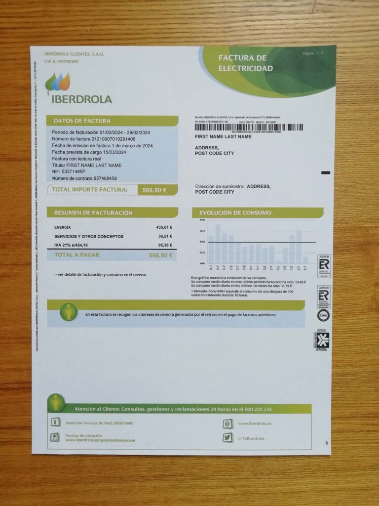 Printed Iberdrola Electricity file in Portugal for user simulation