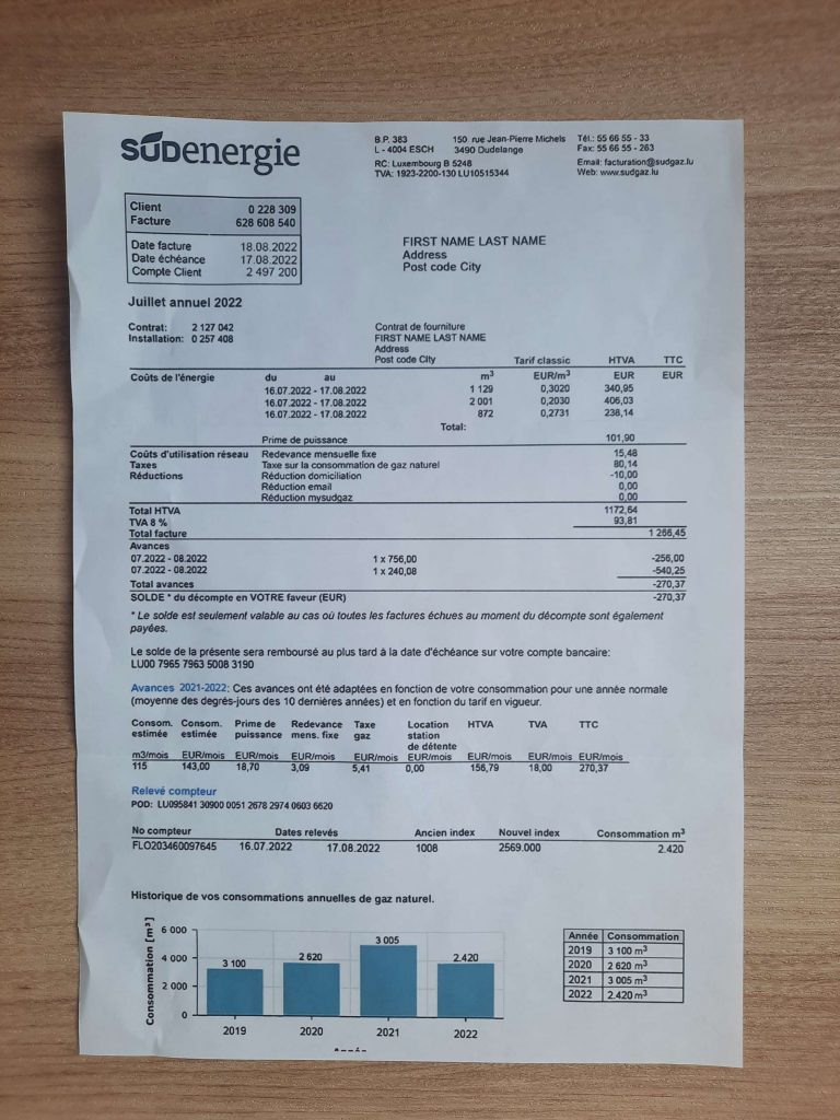 Paper form of SUDenergie Luxembourg utility for residency confirmation