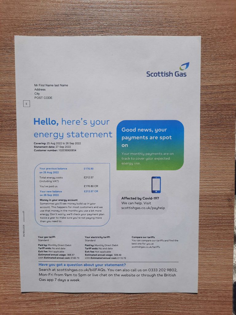 On-paper version of Scotish Gas billing file