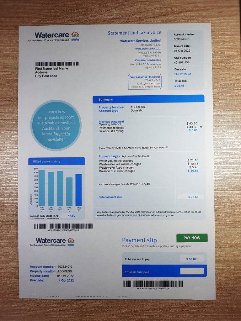 Utility bill template from New Zeland Watercare for legal use