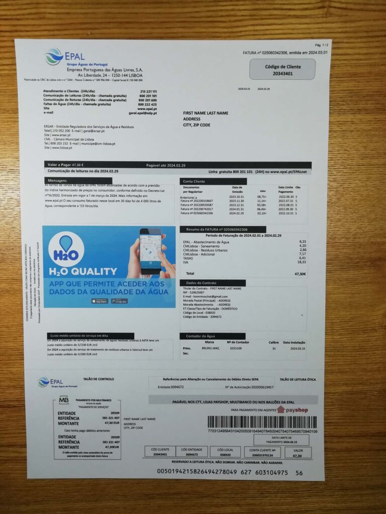 Portugal Epal Water bill for digital simulation