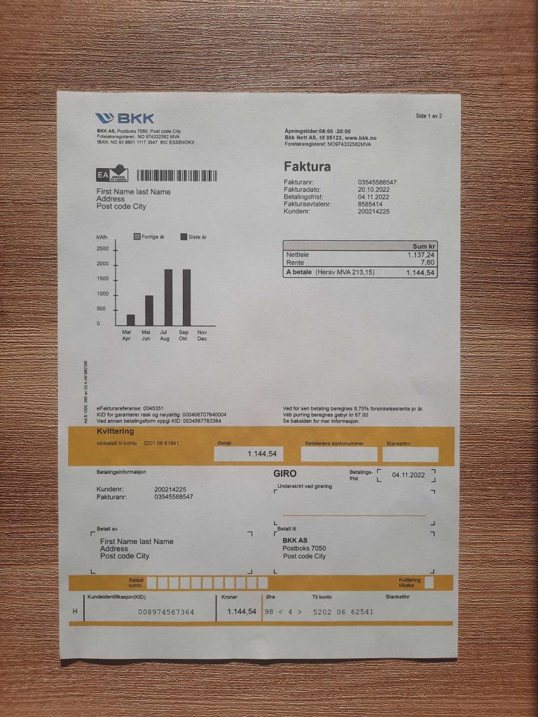 On-paper version of Norway BKK Electricity billing file