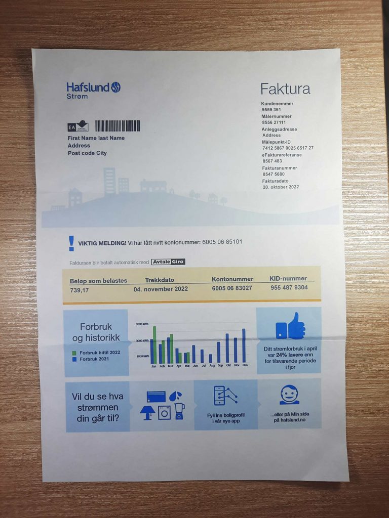 Photo of printed Hafslund utility bill used in Norway
