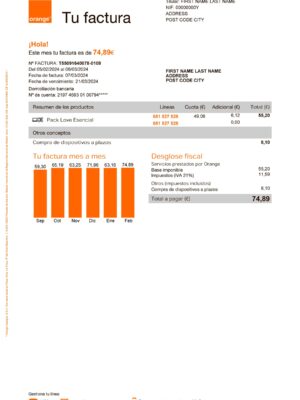 Spain Clean layout of Orange Phone bill – editable Spain version