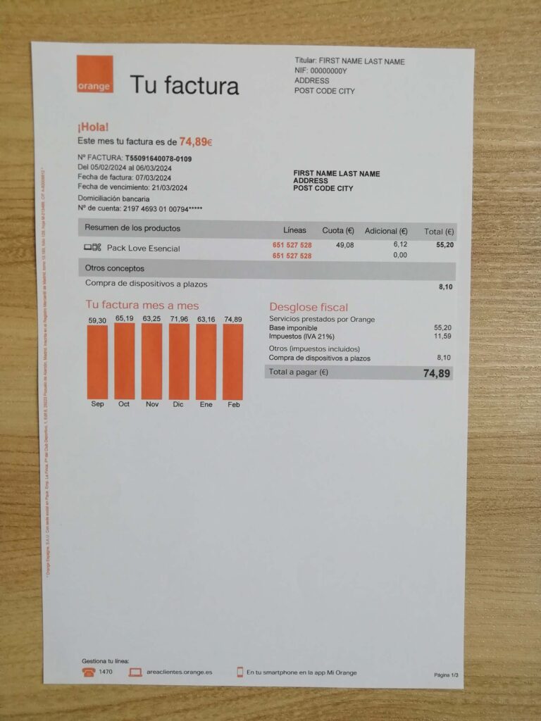 Visual example of Orange Phone utility bill from Spain region