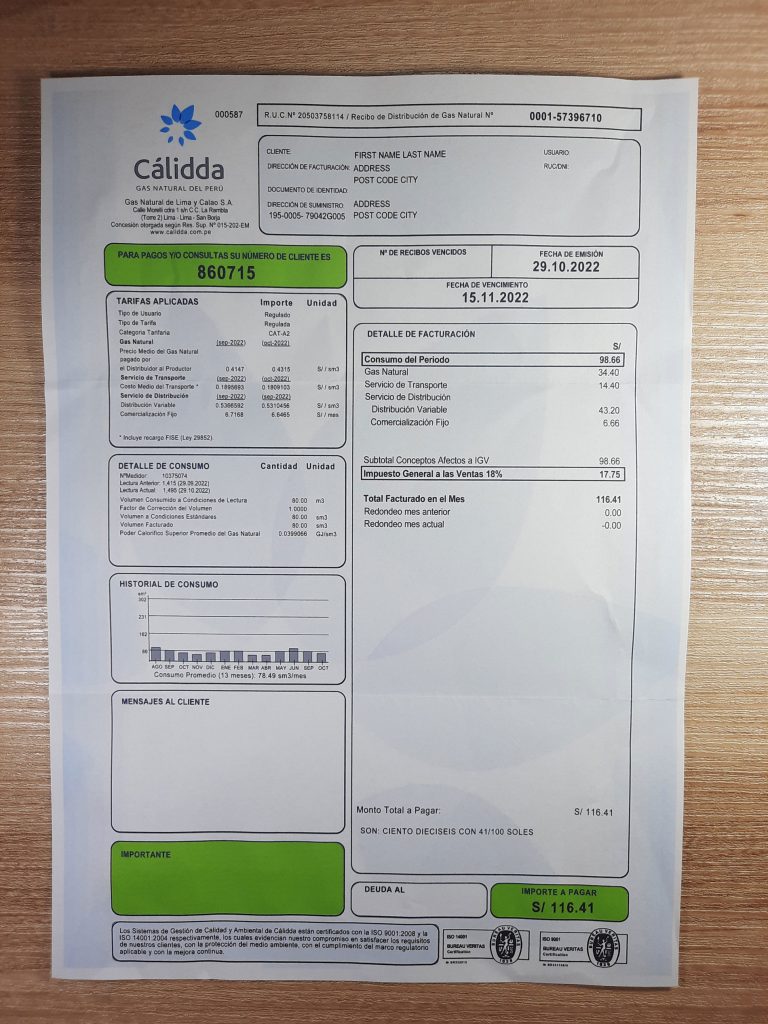 Peru Callida utility bill template for documentation