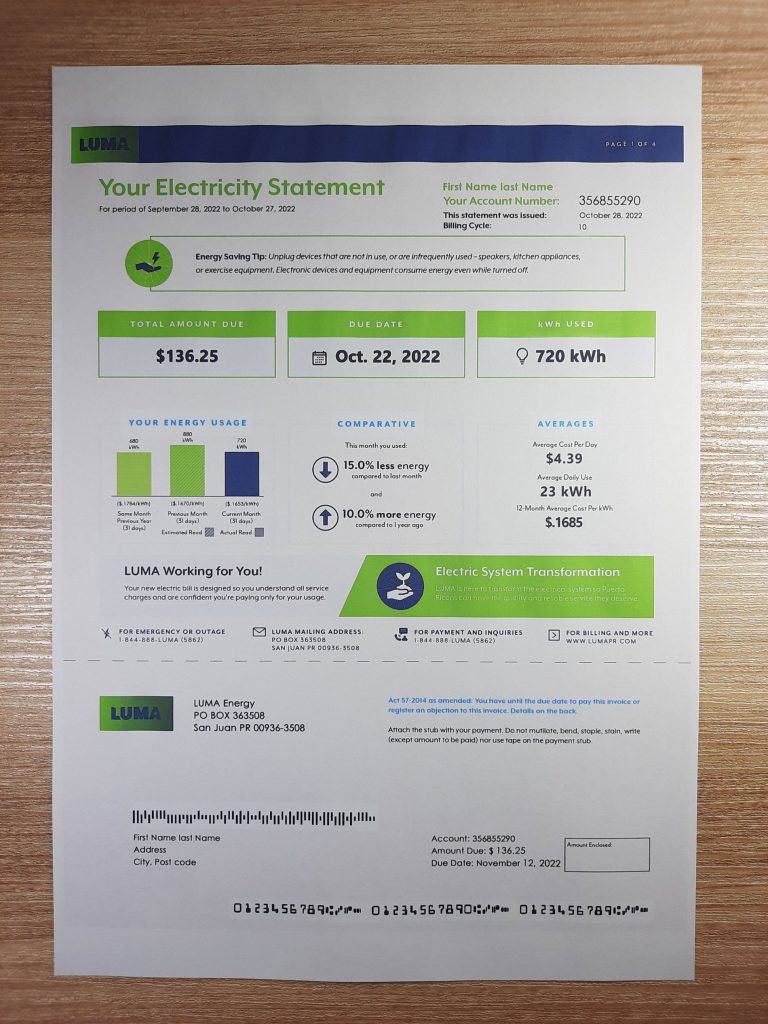 Puerto Rico Luma utility bill template for verification purposes