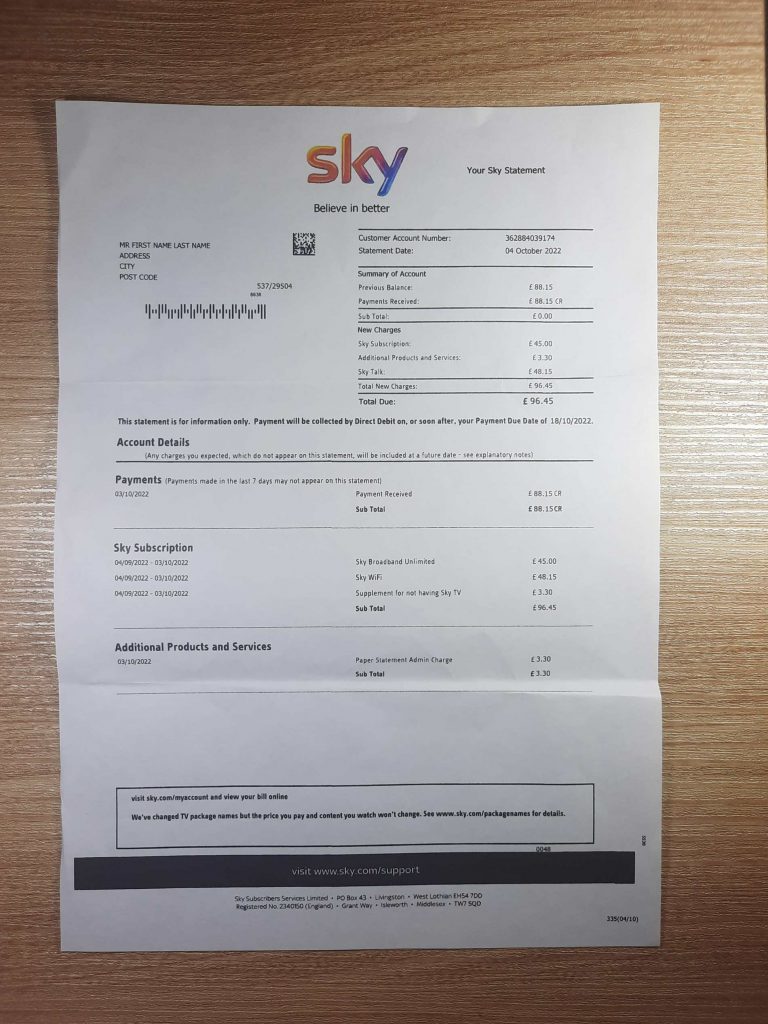 UK SKY Bank Statement example for address verification