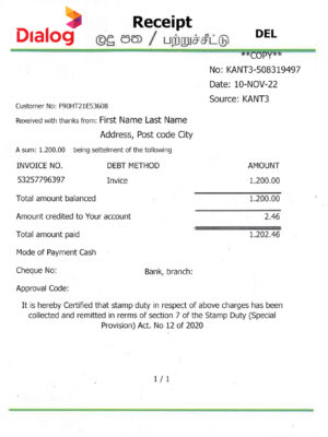 Sri Lanka utility bill for proof of address