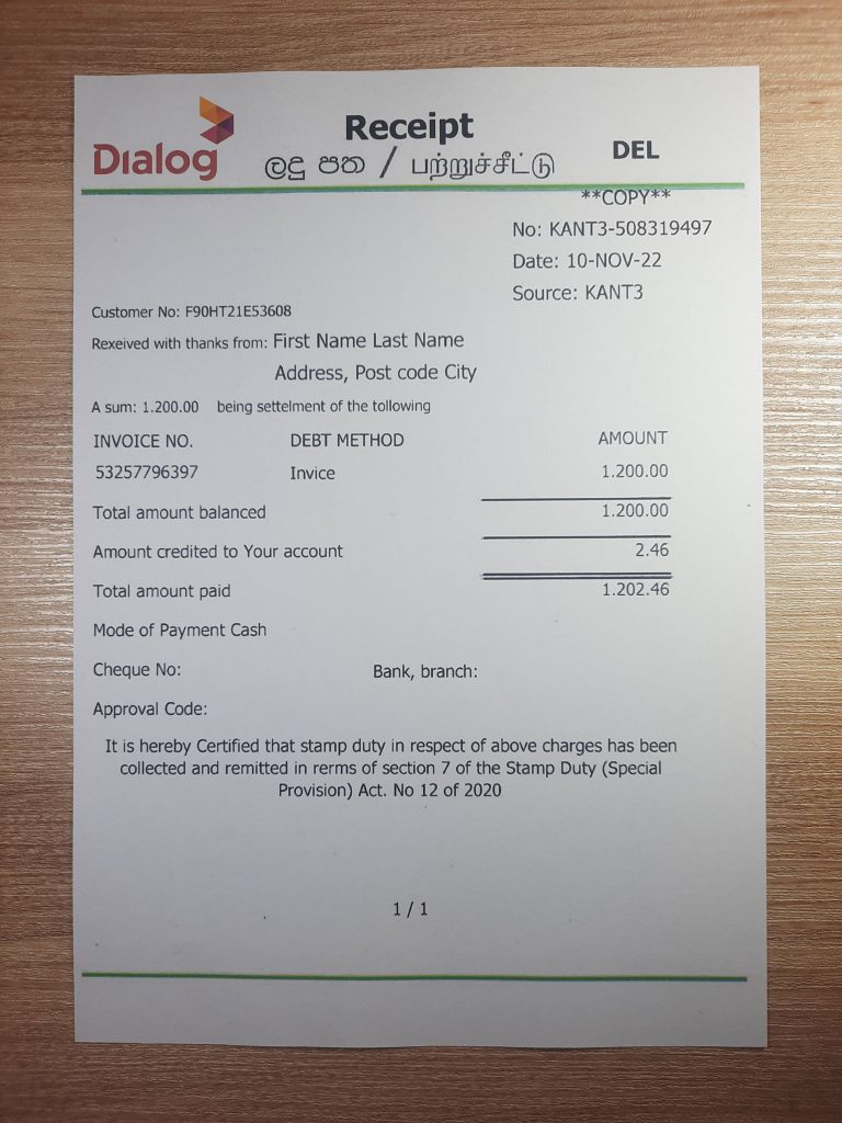 PDF-based Sri Lanka Dialog bill sample in real photo
