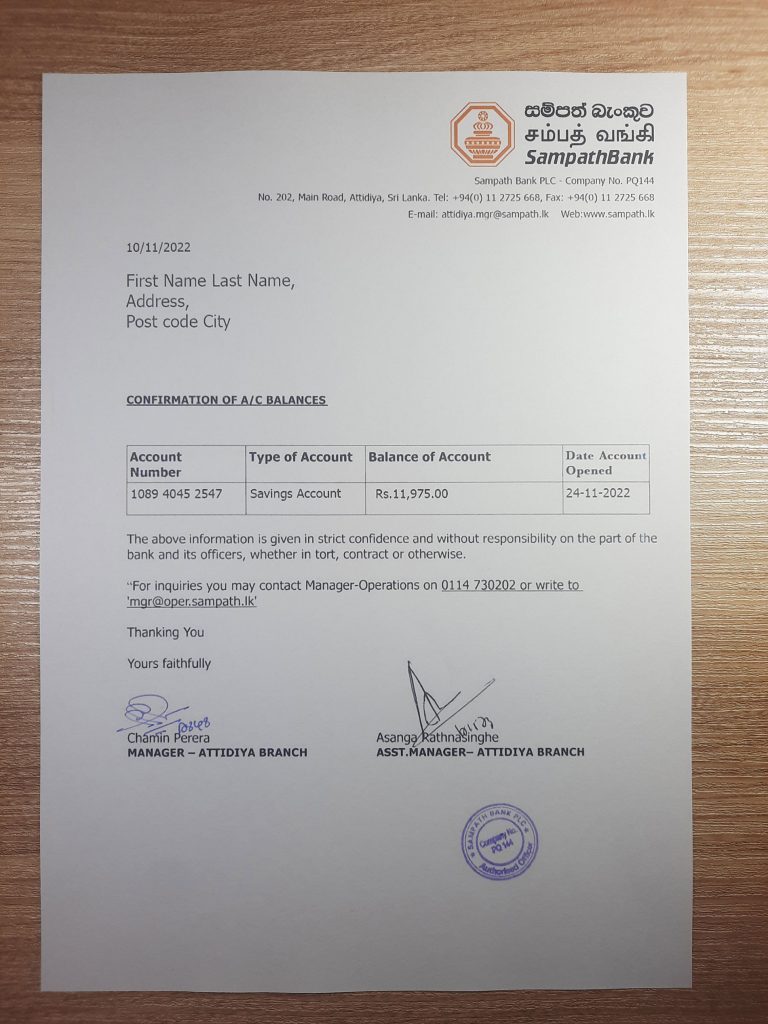 Sri Lanka Sampath utility bill template