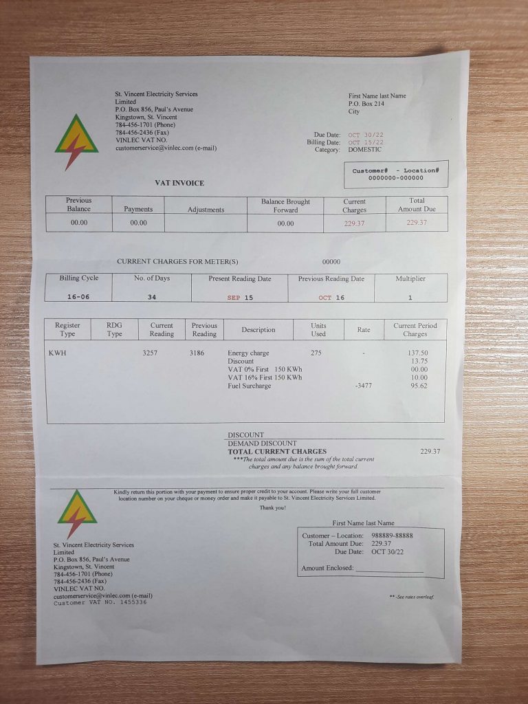 St Vincent Electricity Services residential utility bill photographed on desk