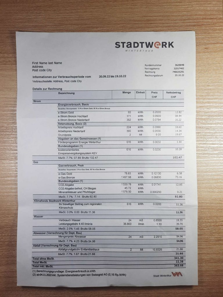 Printed copy of Switzerland Water STADTWERK statement for ID proof