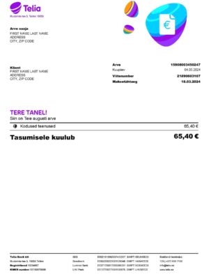Editable {utility type} bill template – Estonia Telia sample in PDF