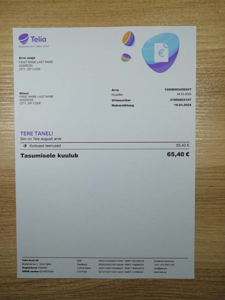 Telia Phone Internet utility statement Estonia photographed as reference