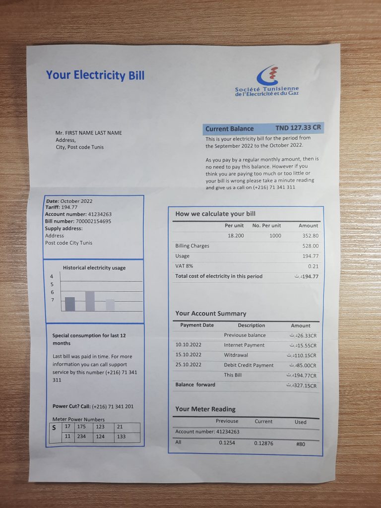 Printed copy of Tunisia electricity Societe statement for ID proof