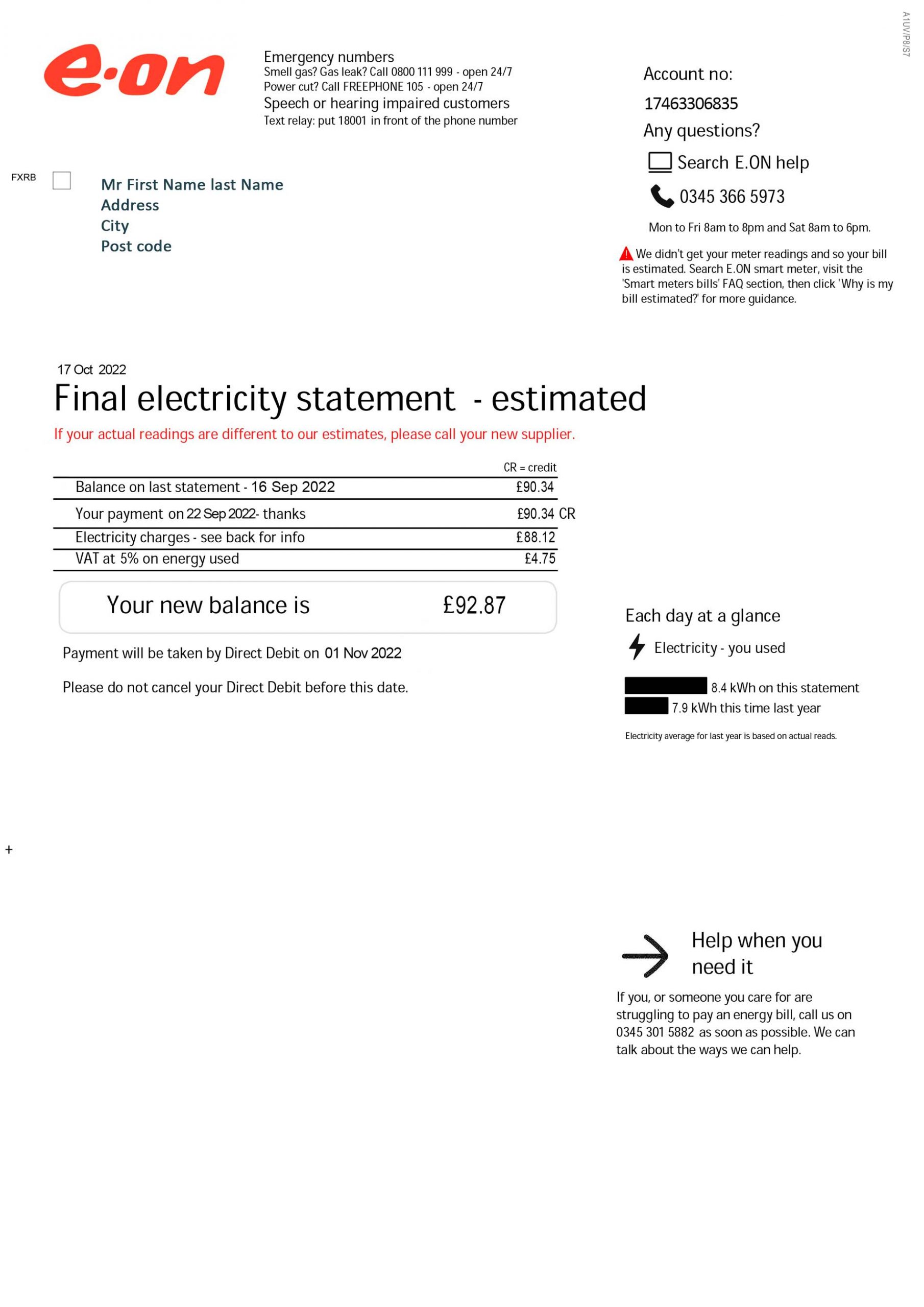 UK E.ON electricity bill layout preview (usage summary, charge grouping, VAT line and totals hierarchy reference)