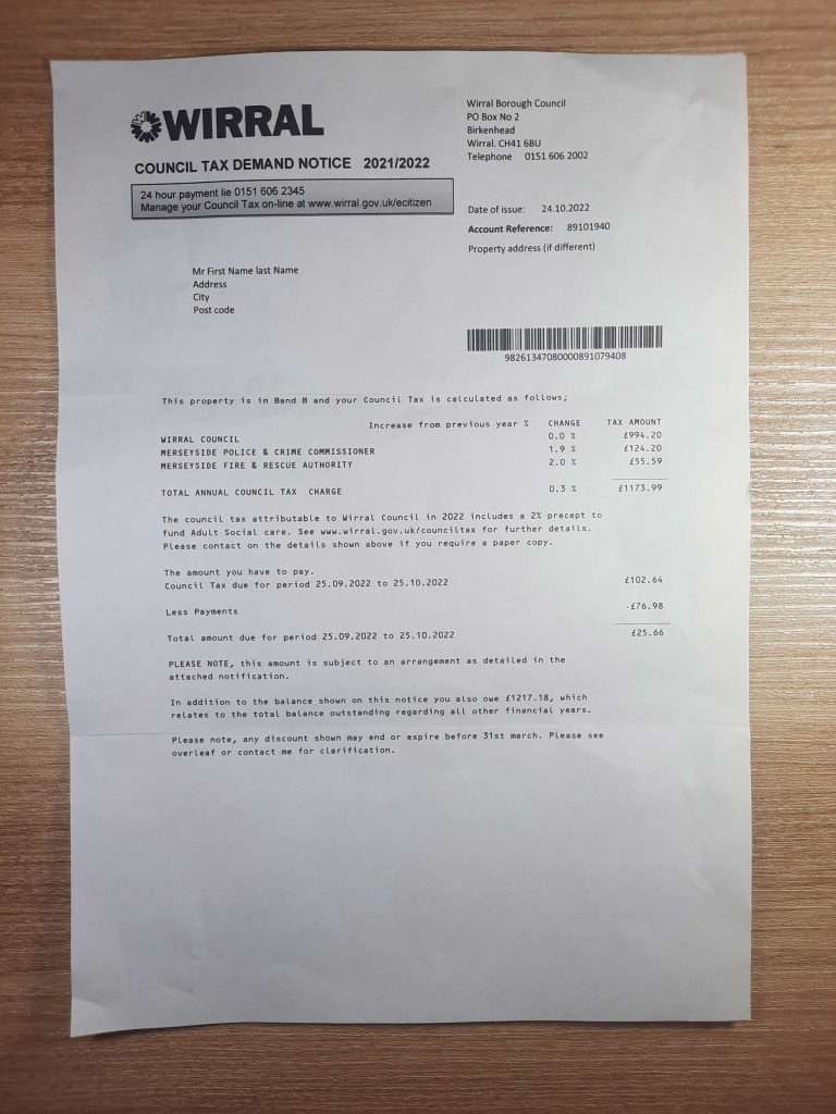 UK Wirral council tax bill sample
