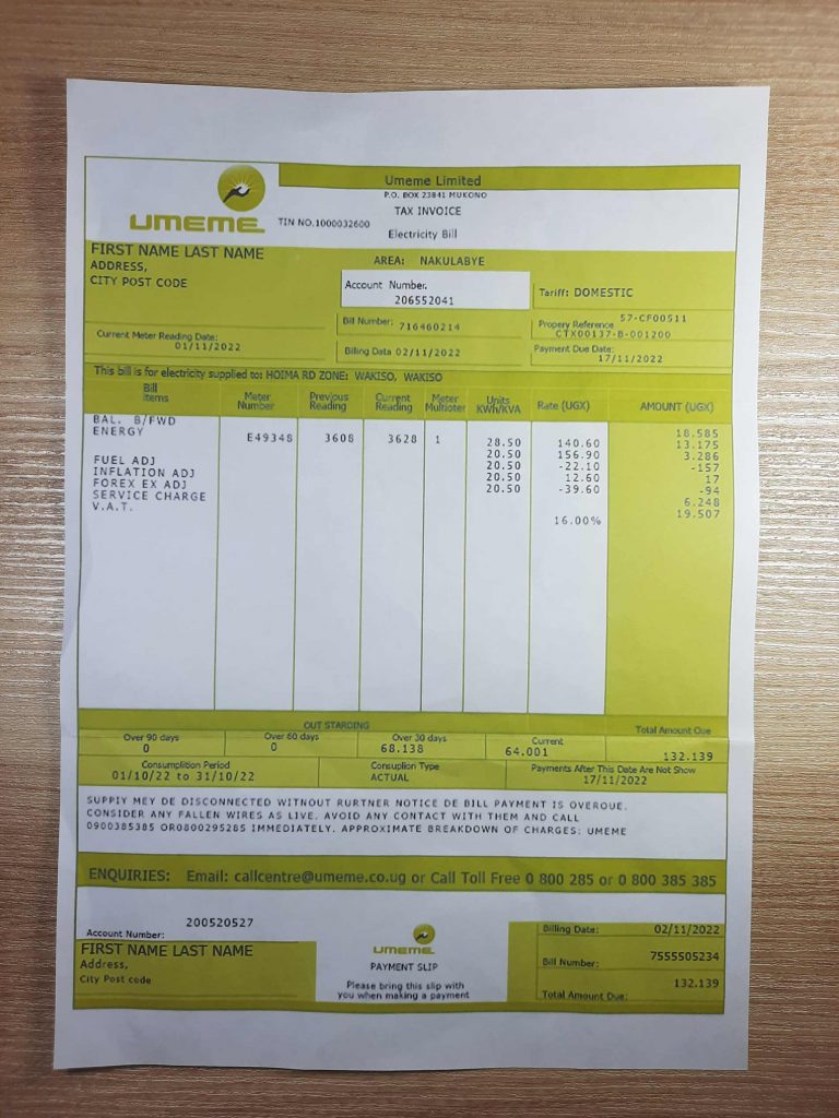 Uganda Umeme Electric utility bill