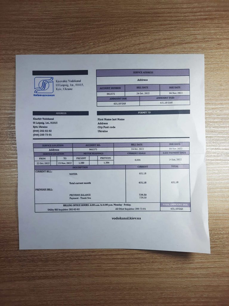 Paper form of Ukraine Water VODOCANAL utility for residency confirmation