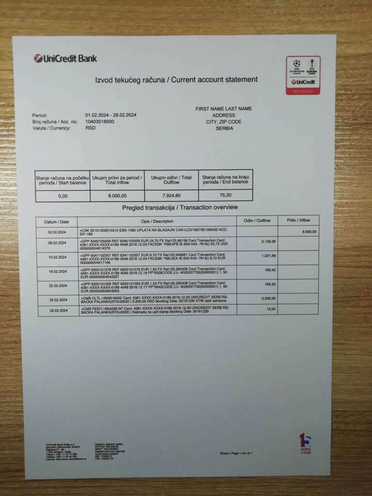Realistic Serbia bank statement Unicredit Bank sample