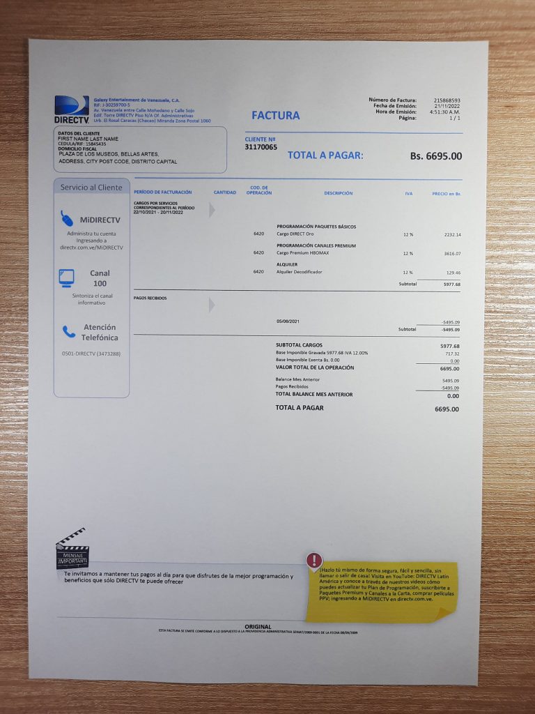 Venezuela Directv utility bill template for verification purposes