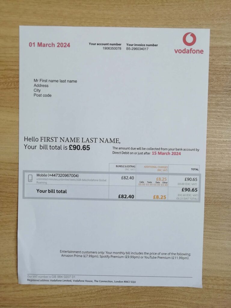 Utility bill template from Vodafone in UK phone utility bill for legal use