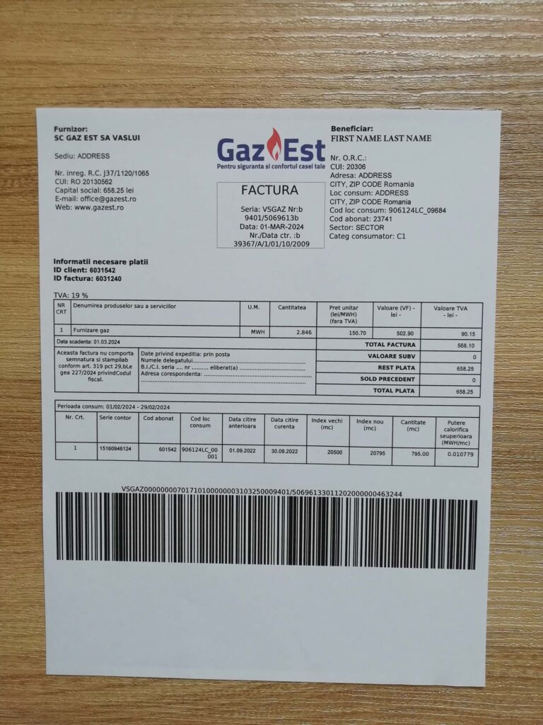 Gaz Est utility format from Romania in printed view