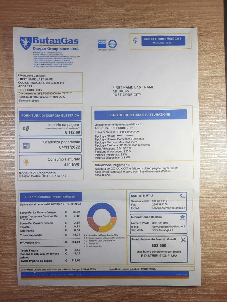 Italy Butan Gas residential utility bill photographed on desk
