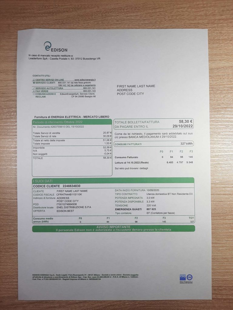 Printed copy of Italy EDISON Electric statement for ID proof