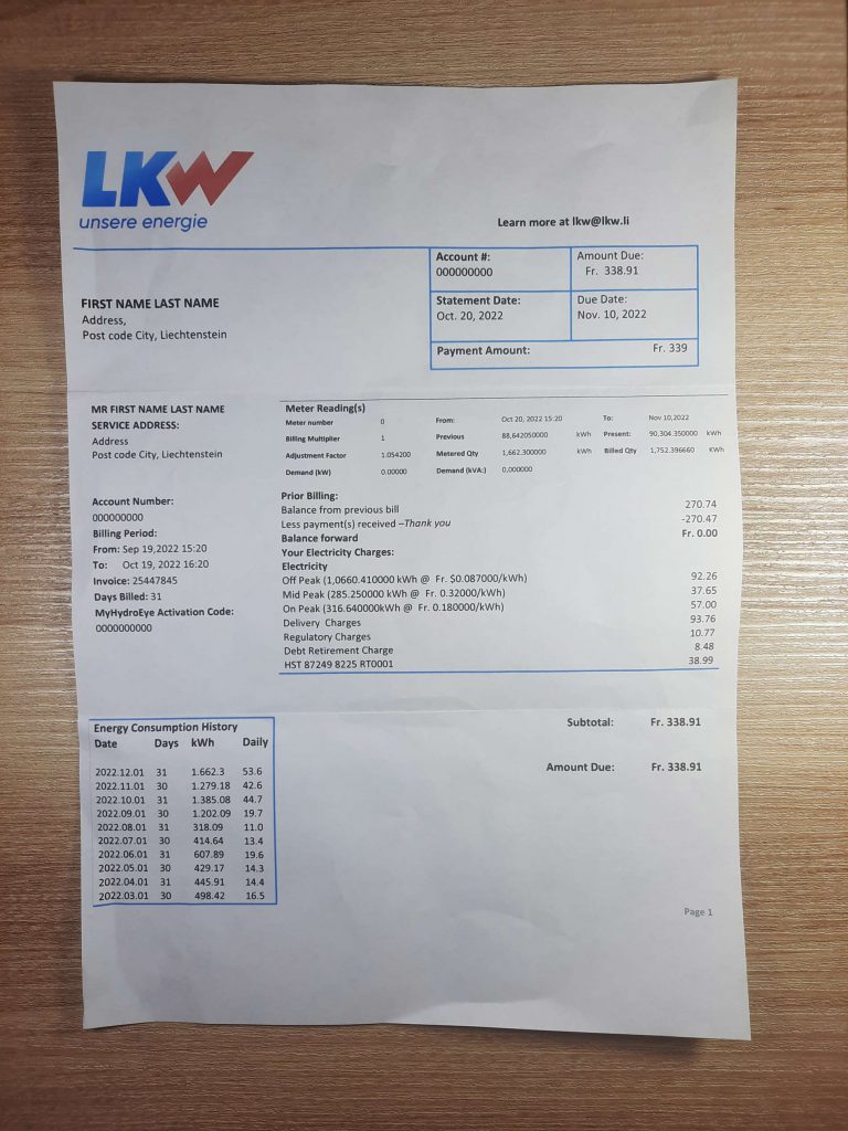 Liechtenstein Ische Kraftwerke (LKW) electricity used for address verification test