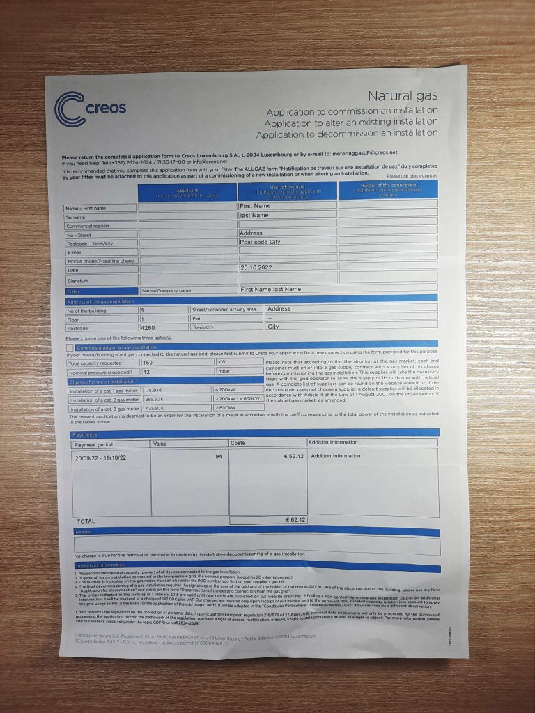 Paper form of Luxembourg CREOS Gas utility for residency confirmation