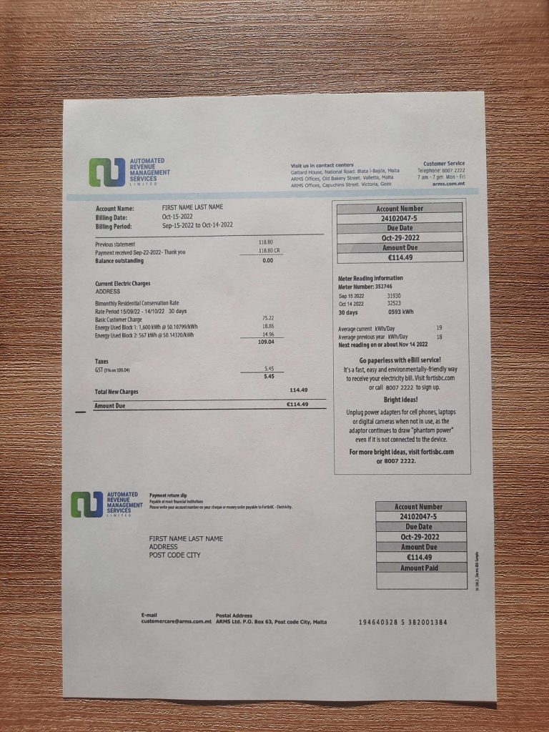 Malta Automated Revenue Electricity utility format in printed view