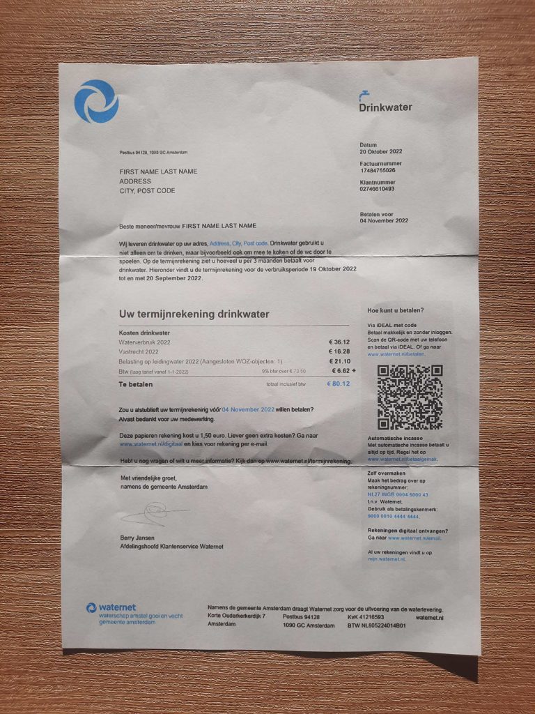 Utility bill template Water from Netherlands Drinkwater for legal use