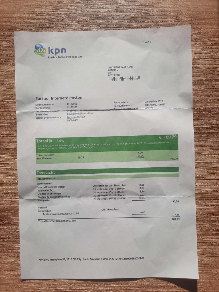 Netherlands Internet KPN document-style utility statement image