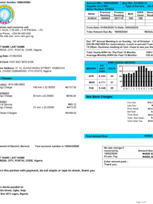 Electricity utility bill from Nigeria – customizable PDF for address proof