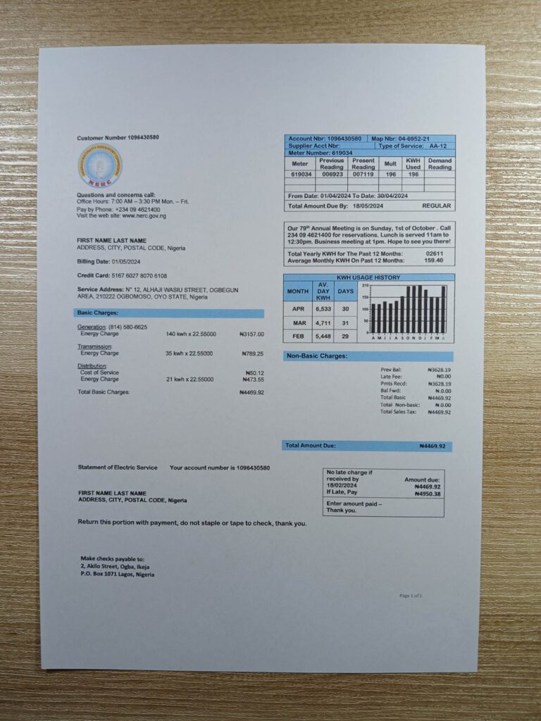 Editable Electricity utility invoice from Nigeria in paper format