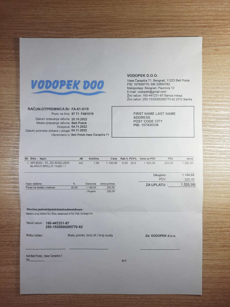 Editable Serbia VODOPEK utility bill in paper format
