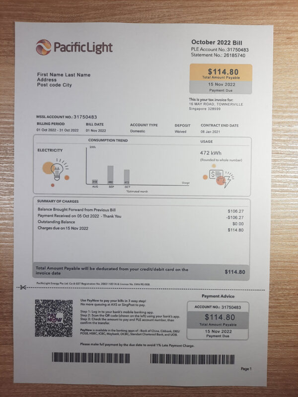 Singtel Bill Example Singapore Pacific utility bill template