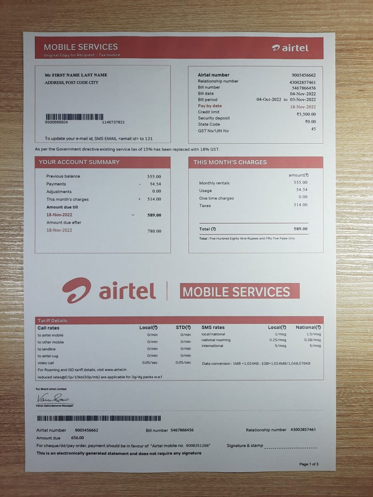 India Airtel utility bill template sample
