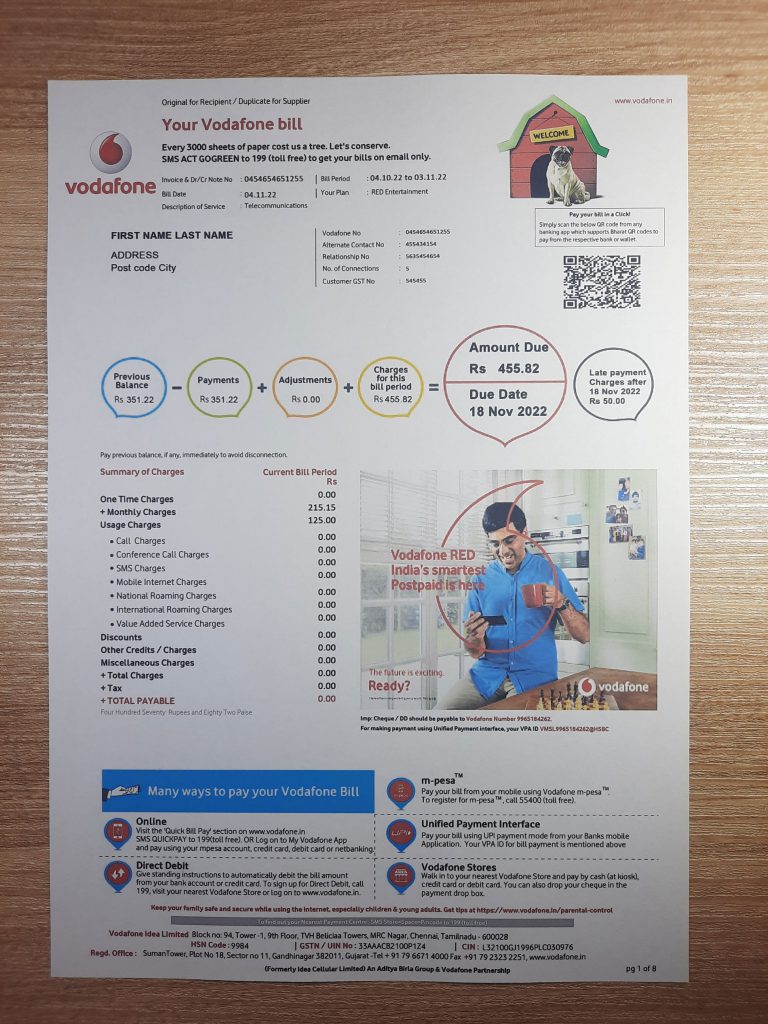 Printed India Vodafon utility bill template sample for user simulation