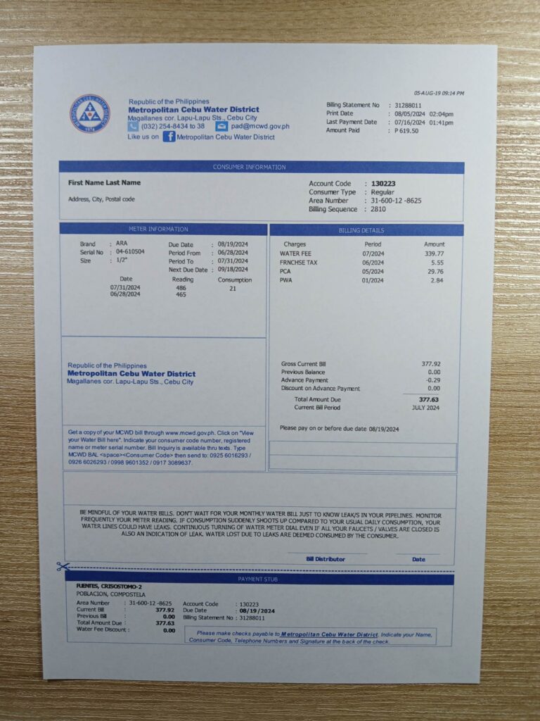 Proof of address showing Philippines Water bill in print