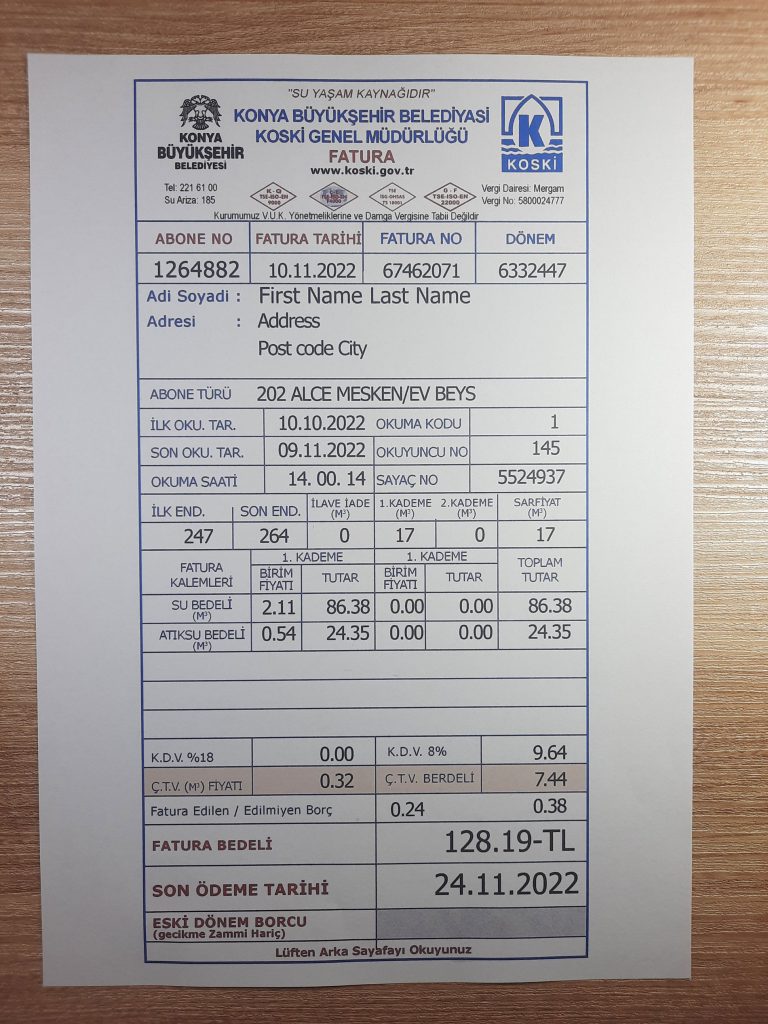 Official-looking Turkey Konya shown on wood surface utility bill template sample