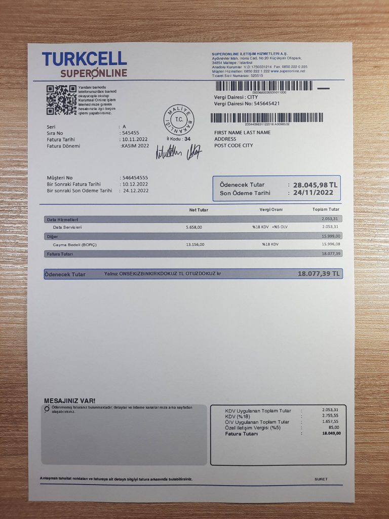 Paper form of Turkey Turkcell utility for residency confirmation
