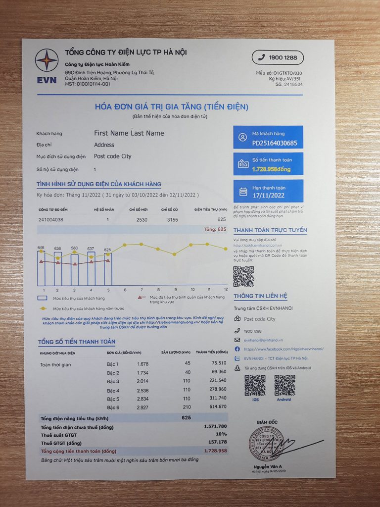 Editable Vietnam EVN utility bill template sample