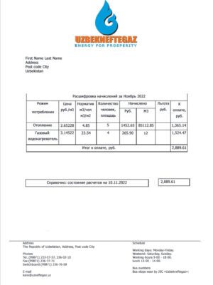 Uzbekistan utility bill template