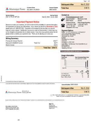 Mississippi Power utility bill template