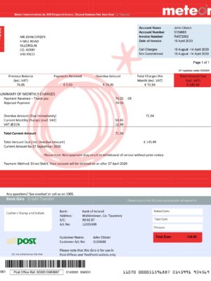 Ireland utility bill template