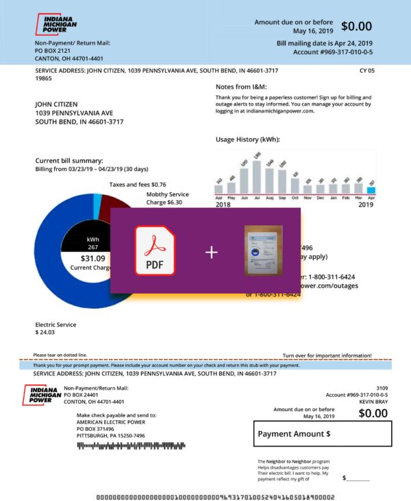 Indiana Utility Bill Template — Address Verification | PDF & JPEG